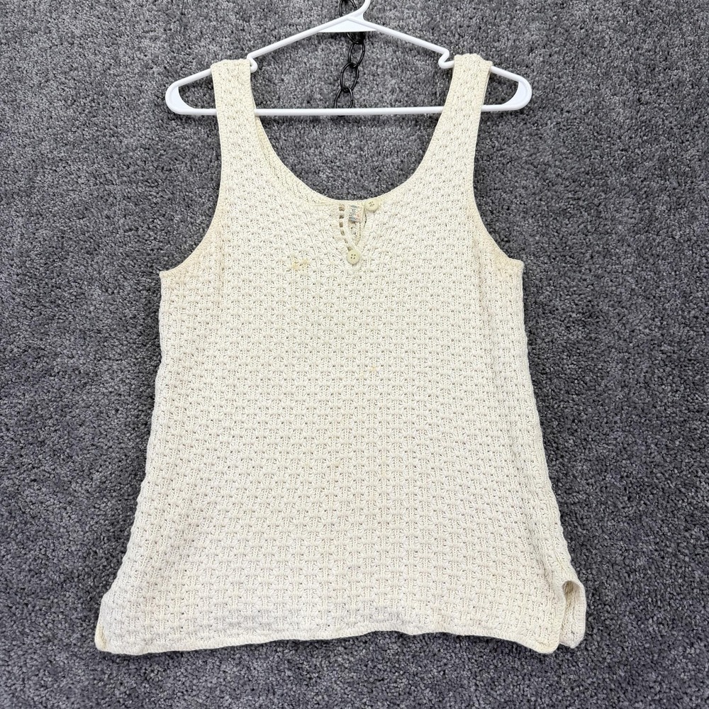 YUSUTEX Tank Top Womens L White Knit Henley 100% Cotton Handmade Peru Summer